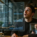 Студент изучает SEO в кофейне с визуализацией аналитики