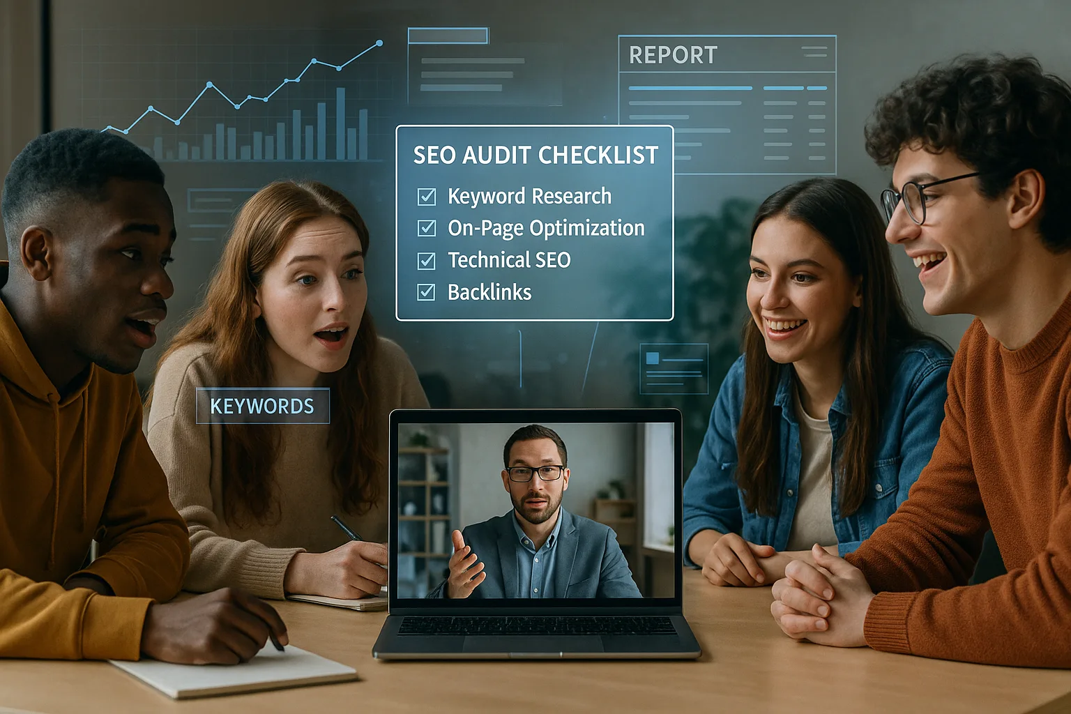 Командная работа с чек-листом SEO и онлайн-преподавателем