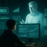 Обучение SEO ночью с цифровыми эффектами и светлой проекцией