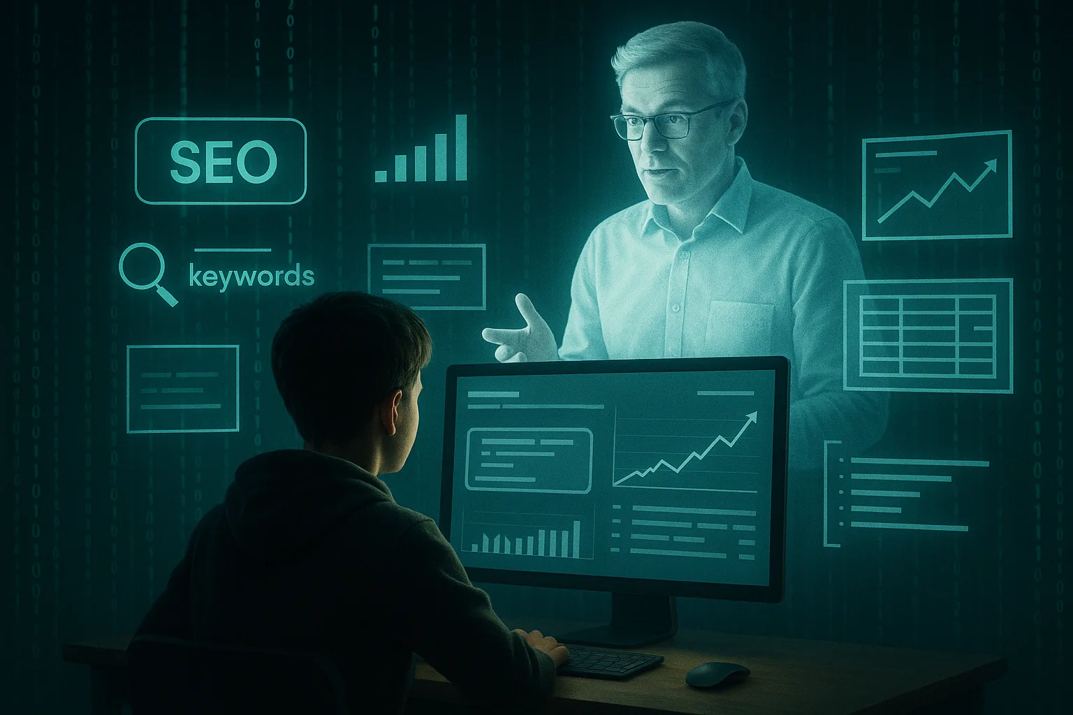 Обучение SEO ночью с цифровыми эффектами и светлой проекцией