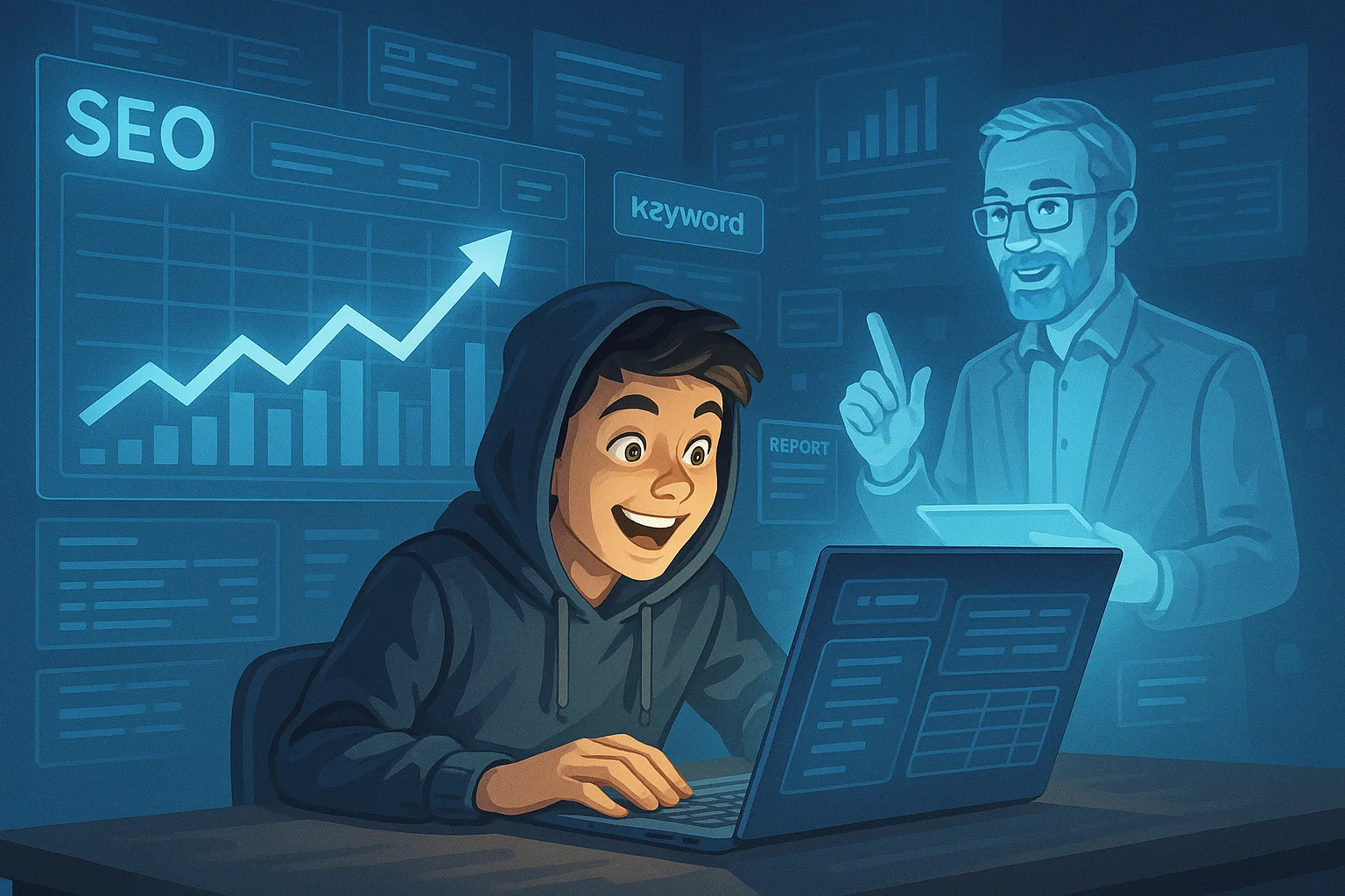 Подросток радуется росту трафика при обучении SEO