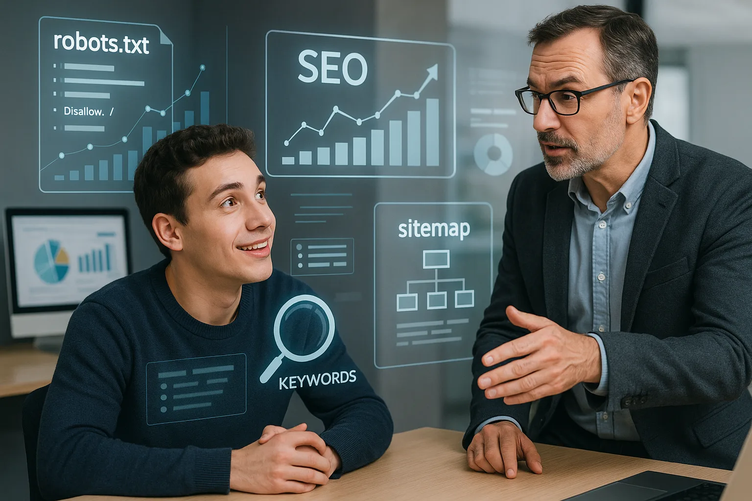 Стажёр изучает robots.txt и карту сайта вместе с наставником