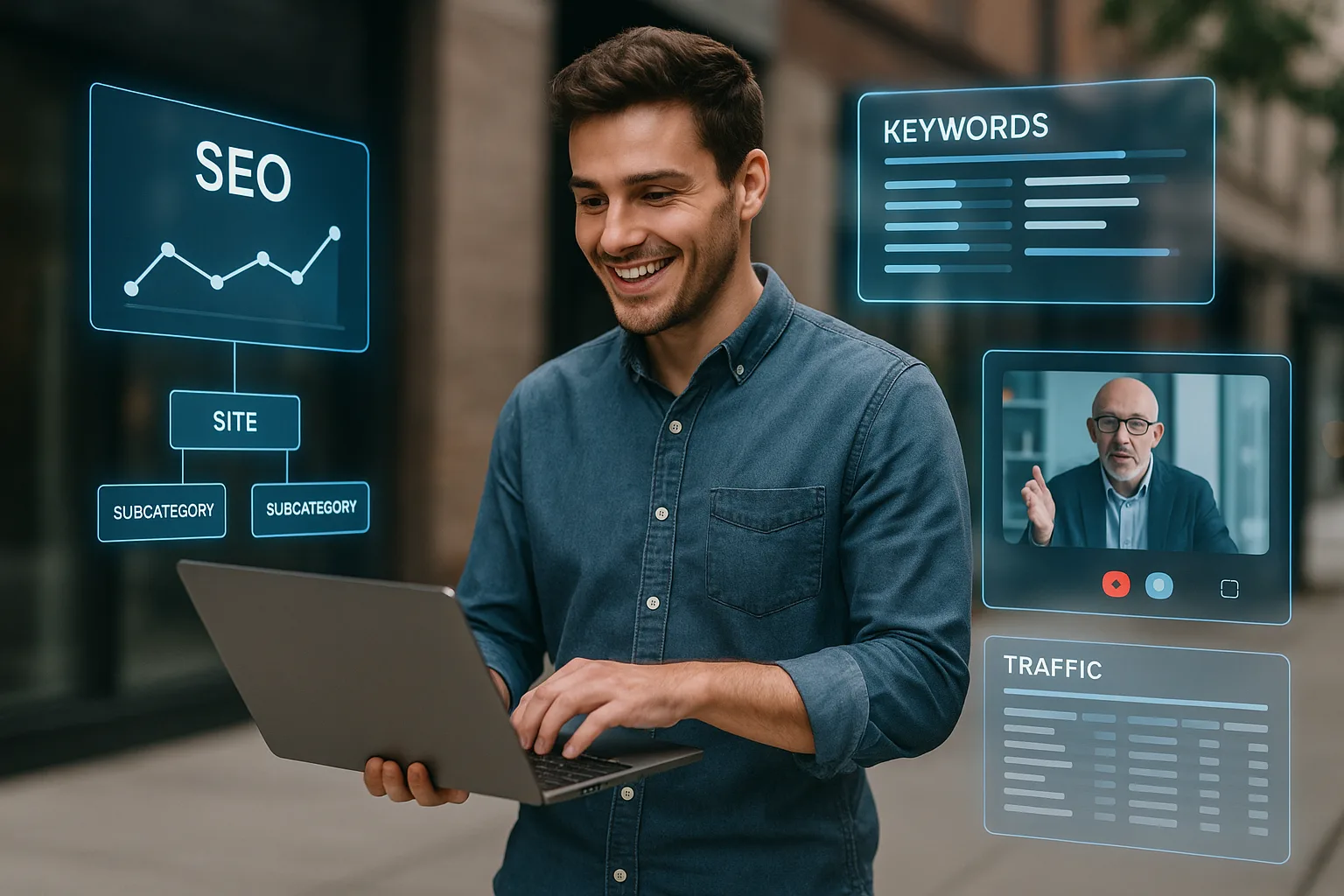 Уличная сцена с обучением SEO и интерфейсом на ноутбуке