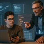 Преподаватель показывает SEO-элементы HTML рядом со студентом