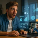 Студент изучает SEO с преподавателем по видеосвязи и графиками в воздухе