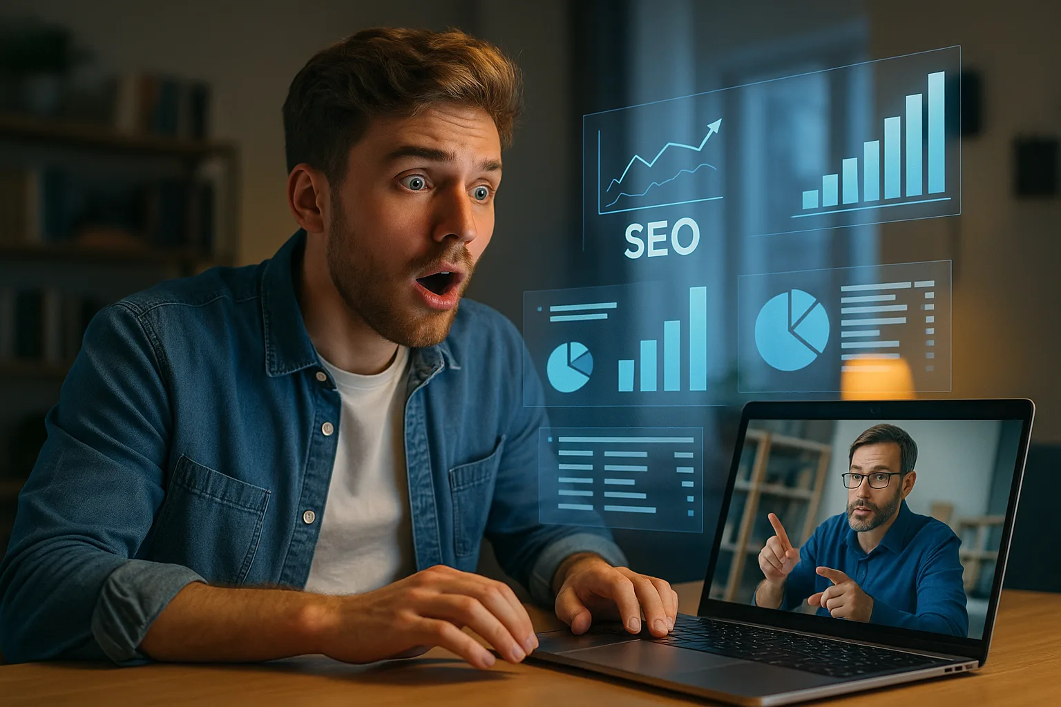 Студент изучает SEO с преподавателем по видеосвязи и графиками в воздухе