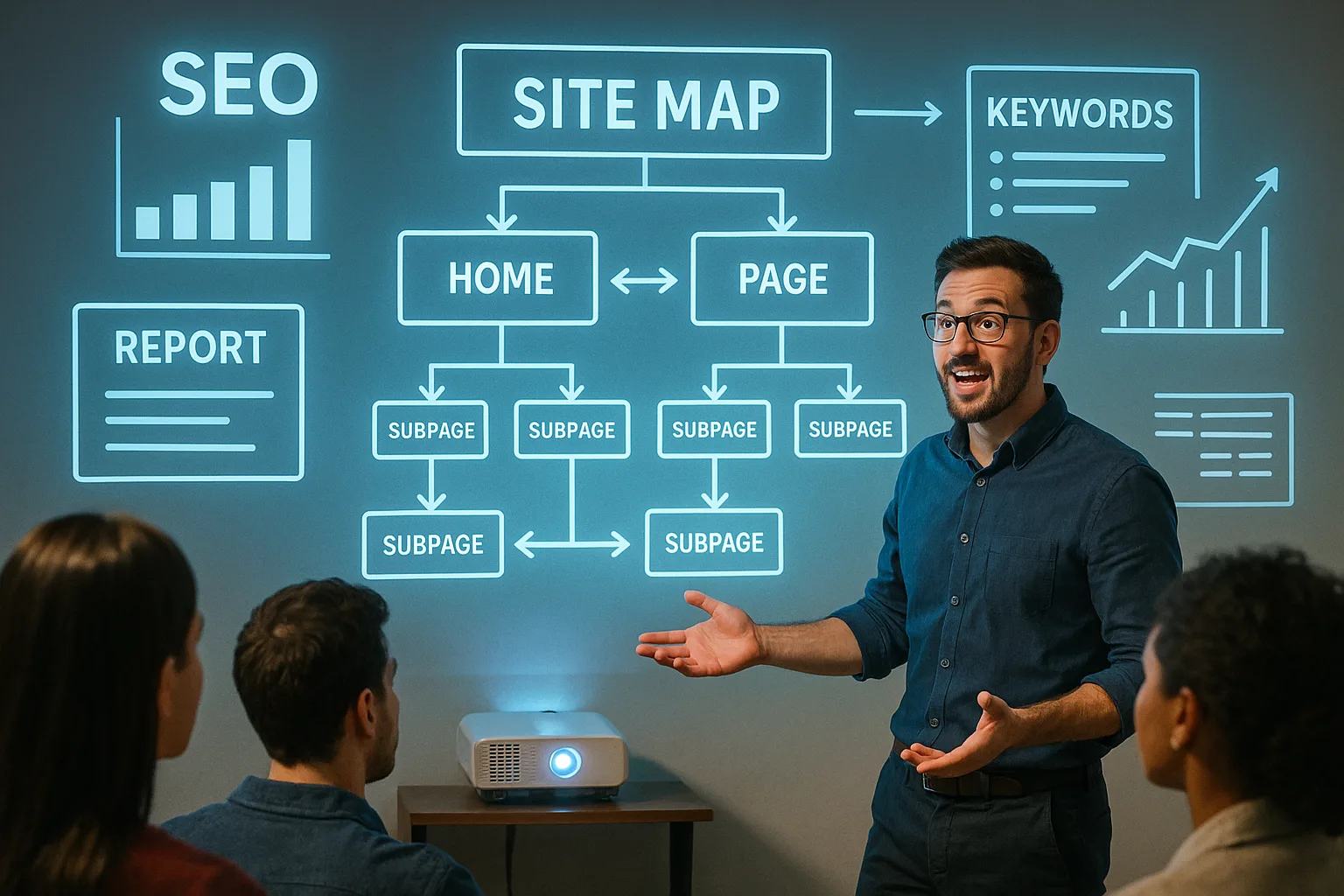 Преподаватель объясняет карту сайта на занятии по SEO