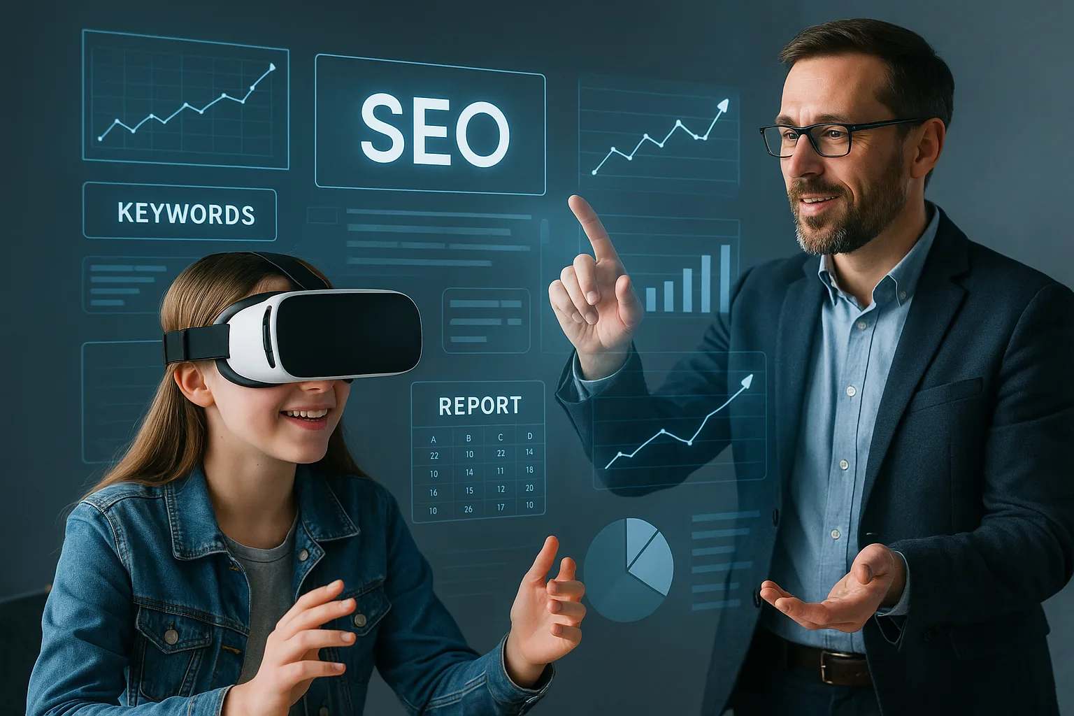 SEO-обучение в VR с графиками и преподавателем рядом