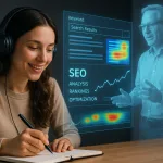 Женщина учится SEO с голограммой преподавателя и парящей выдачей