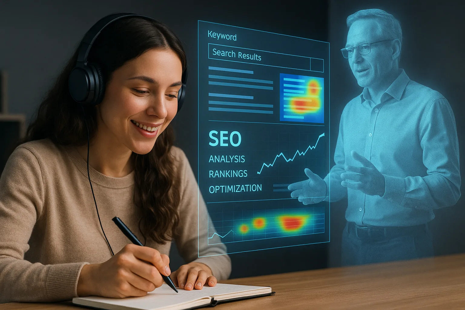 Женщина учится SEO с голограммой преподавателя и парящей выдачей