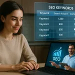 SEO-обучение дома с таблицей ключевых слов и преподавателем на планшете