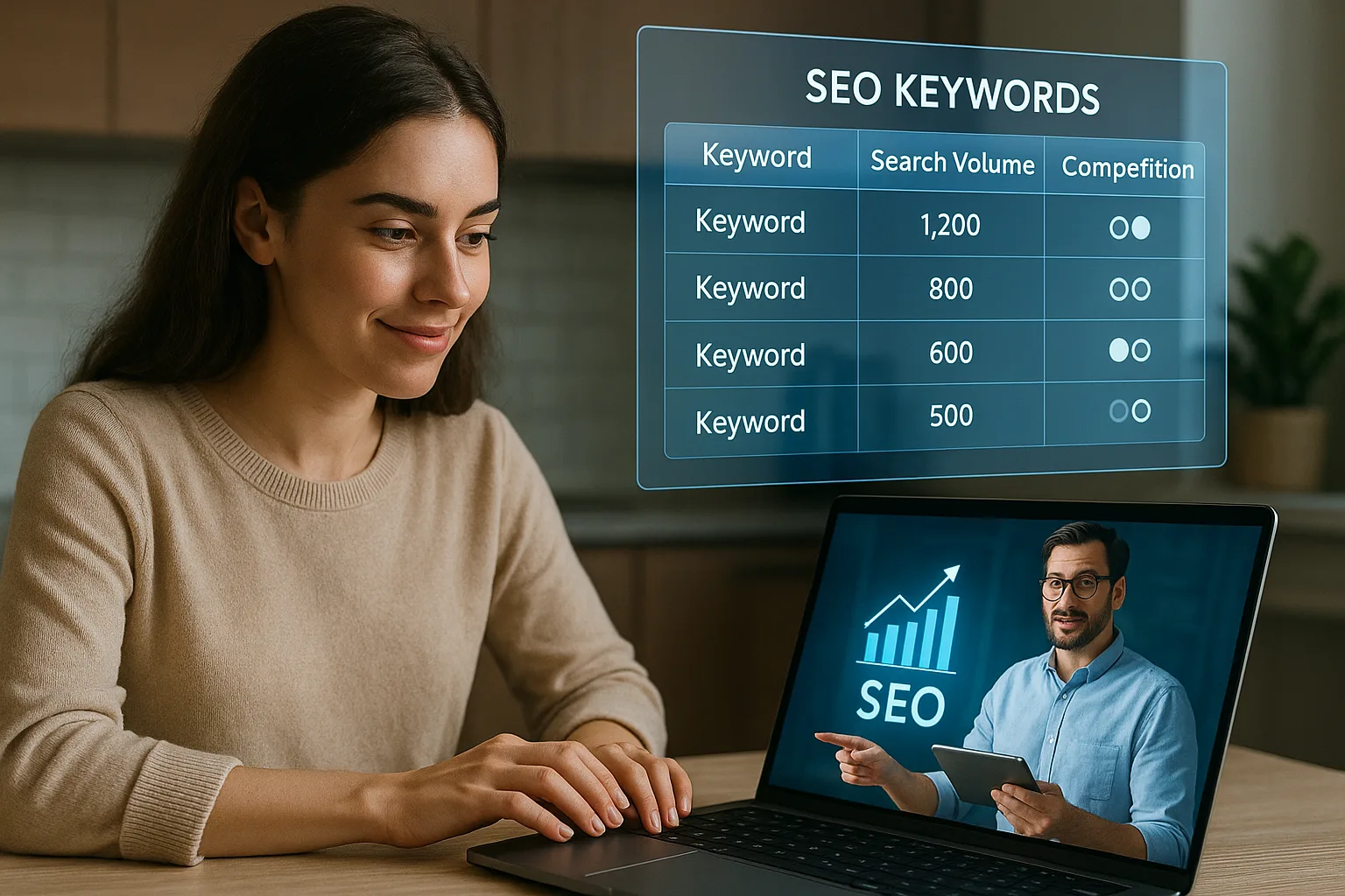 SEO-обучение дома с таблицей ключевых слов и преподавателем на планшете